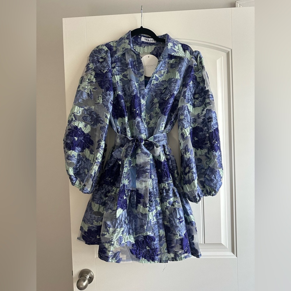 Esther&Co Floral Puff Sleeve Blue Dress
